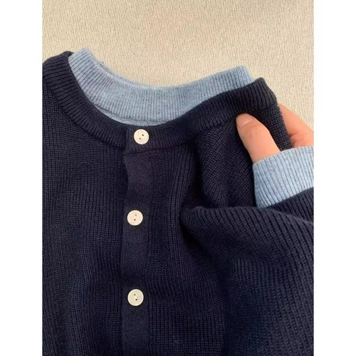 KANING Navy Blue Pseudo-Sleeveless Knit Cardigan Women 2025 Autumn New Design Long-Sleeve Sweater Women's Outfit