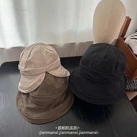 法式赫本风卷边显脸小渔夫帽子女士春秋新款简约纯色后开叉水桶帽