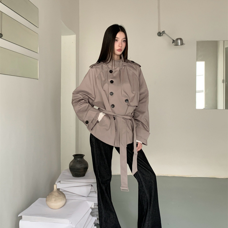 Twill Adjustable Stand Collar Epaulet Buttoned Cocoon Sleeve Silhouette Short Windbreaker Jacket
