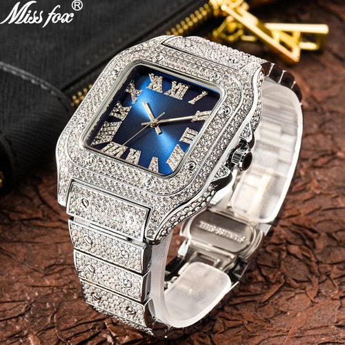 MISSFOX watch European and American Roman scale high-end fashion hip-hop diamond full diamond square men's watch