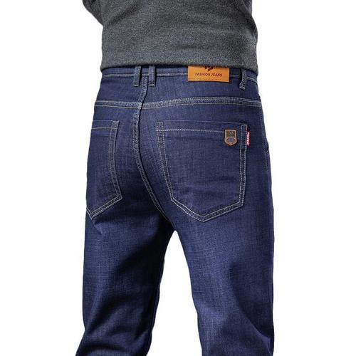 Men's Loose Straight Leg Thick Padded Jeans  New Arrival Mid-Age Cotton Elastic Autumn/Winter Warmth Cross-Border