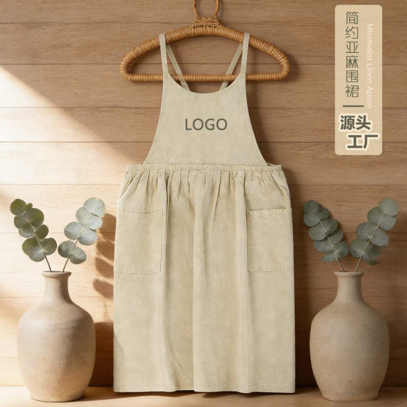 Cross-Border Linen Apron New Style Artistic Workwear Restaurant Nail Salon Milk Tea Cafe Floral Apron Custom Logo