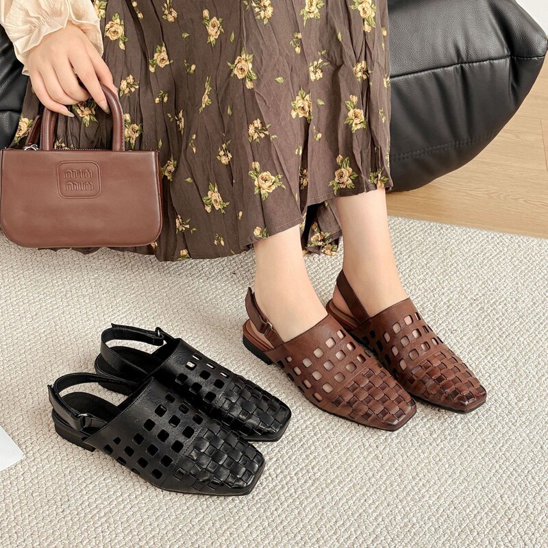 Longlin Square-Toe Hollow-Out Women's Genuine Leather Woven Flat Slip-On Shoes Versatile Sandals Genuine Leather Women's Ballet Perforated Shoes Longlin Square-Toe Hollow-Out Women's Genuine Leather Woven Flat Slip-On Shoes Versatile Sandals Genuine Leather Women's Ballet Perforated Shoes