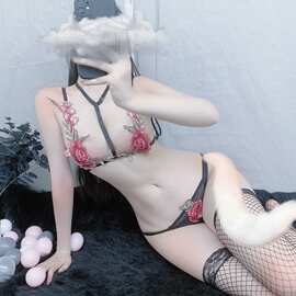 新款情趣内衣女性感睡衣透明镂空玫瑰文胸内裤刺绣三点内衣两件套