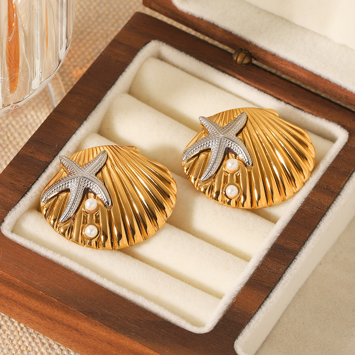 Rings, Earrings Classification 1 Piece, 1 Pair Quantity Casual, Daily, Date Occasion PVD Coated Real Gold Plated Scallop Starfish 304 Stainless Steel Marine Style Modern Style Waterproof Non Tarnish Rings Earrings