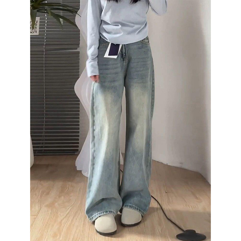 女性のためのウォッシュブルーワイドレッグジーンズ夏の新しいスタイルの洋ナシ型ボディルーズスリミングカジュアルストレートレングスフロアレングスパンツ|undefined