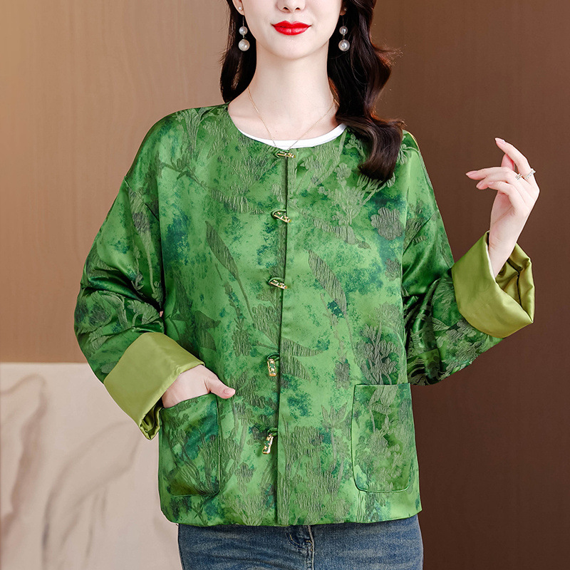高品质大码遮肚减龄中年女春季新款端庄大气国风提花长袖外套衬衣