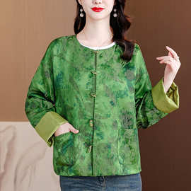 高品质大码遮肚减龄中年女春季新款端庄大气国风提花长袖外套衬衣