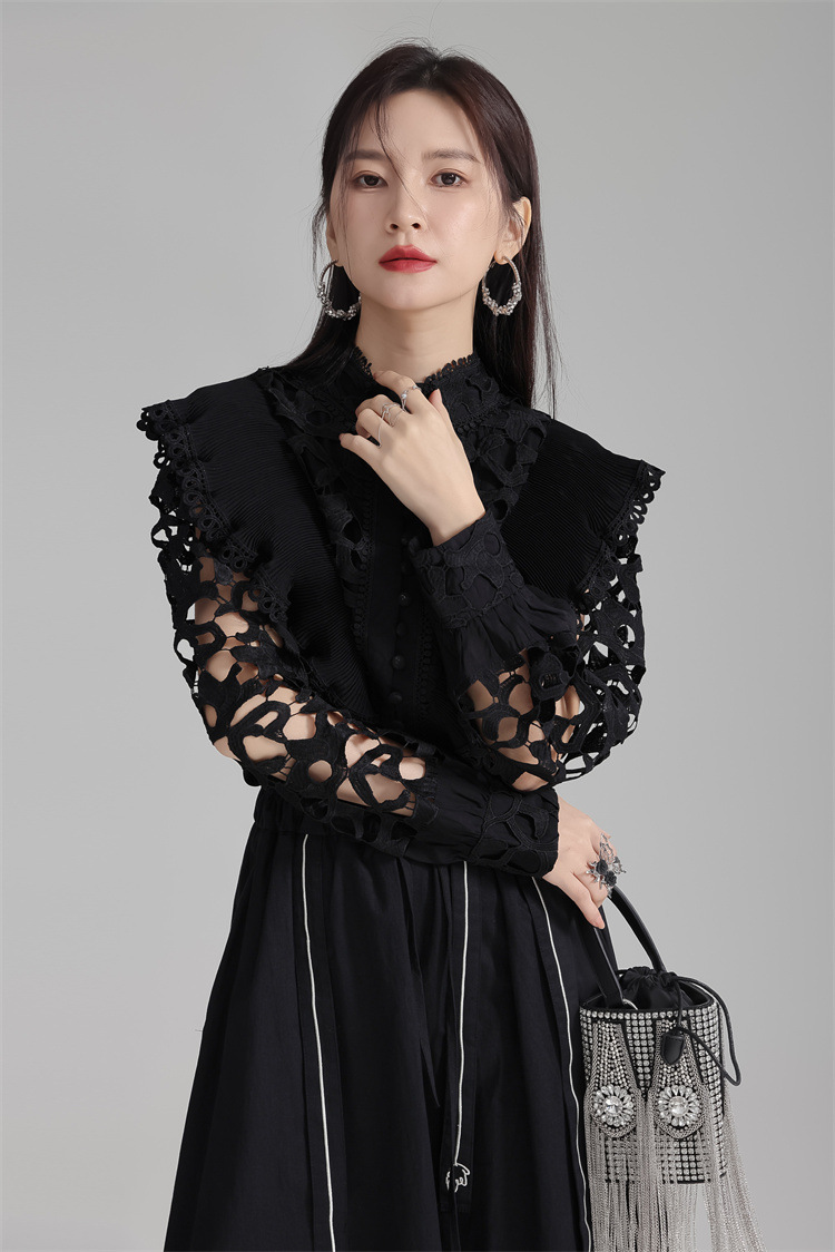 法米姿 早春新款宫廷风法式刺绣镂空衬衫显瘦别致立领上衣