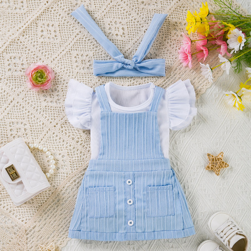 Baby Girl Set Toddler Short Sleeve Top Bodysuit Pants Accessory Three Piece Striped Fly Sleeve T-Shirt Camisole Dress Outfit