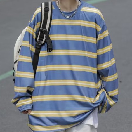 Retro Instagram Striped Long-Sleeve T-Shirt for Men, Loose Fit, Hong Kong Style, Japanese Inspired, Casual Basic Top, Crew Neck T-Shirt