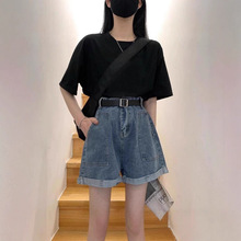 复古卷边夏季高腰牛仔短裤女夏显瘦a字热裤女夏宽松短裤女夏牛仔
