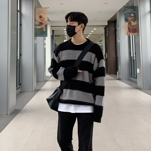 Crew neck color-blocked design soft and fluffy men's autumn/winter lightweight mature style knitted sweater loose American retro Korean style coat