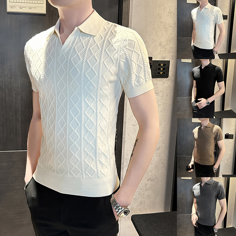 Camisa POLO cuello en V manga corta hombre textura en forma de diamante sentido negocio británico delgado verano hielo seda marea comercio exterior transfronterizo al por mayor
