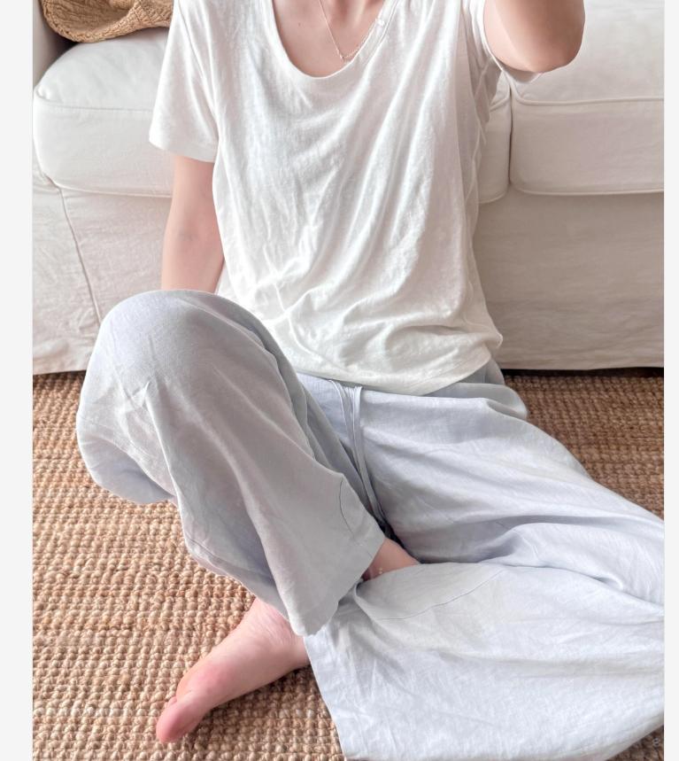 Quần ống rộng vải lanh phối sợi cotton dáng suông rủ nhẹ phong cách lão tiền — màu hồng, Xanh da trờicolor chi tiết 4