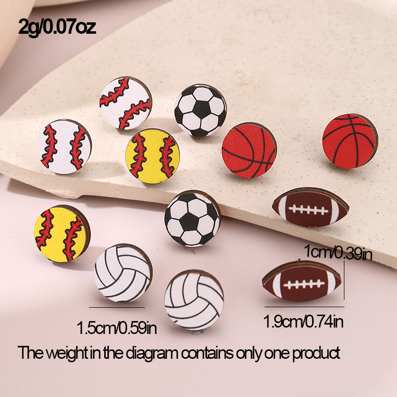 1 Pair Simple Style Rugby Heart Shape Football Wood Ear Studs display picture 2