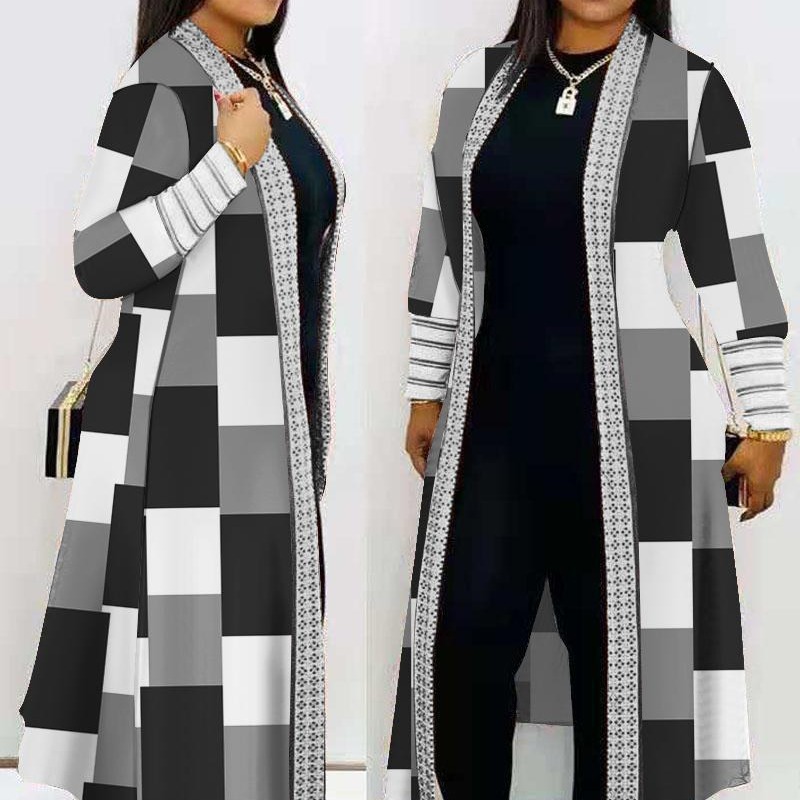 2024 ropa de mujer de comercio exterior transfronterizo Negro estilo de moda casual impreso manga larga costura abrigo de punto medio ropa de mujer