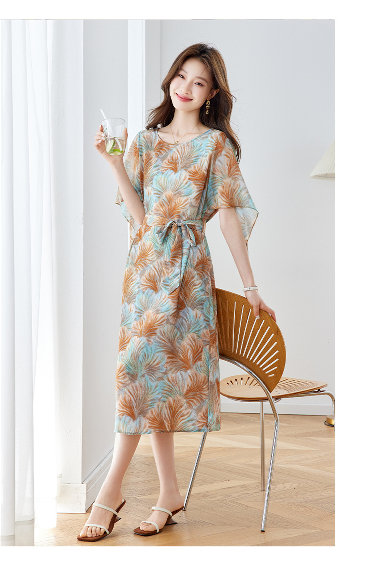 Đầm maxi nữ thắt eo in họa tiết hoa tay ngắn dáng suông che khuyết điểm — xanh lam, Màu hồng chi tiết 24