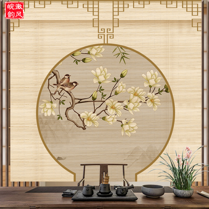 新中式禅意花鸟竹帘茶室背景卷帘隔断升降屏风免打孔挂画装饰窗帘|undefined
