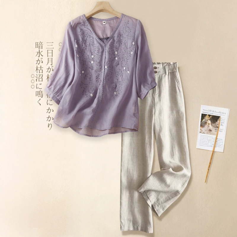 Middle-Aged Mom's Summer Cotton and Linen Suit, Women's Summer 2026 New Stylish Linen Casual Pants Two-Piece Set