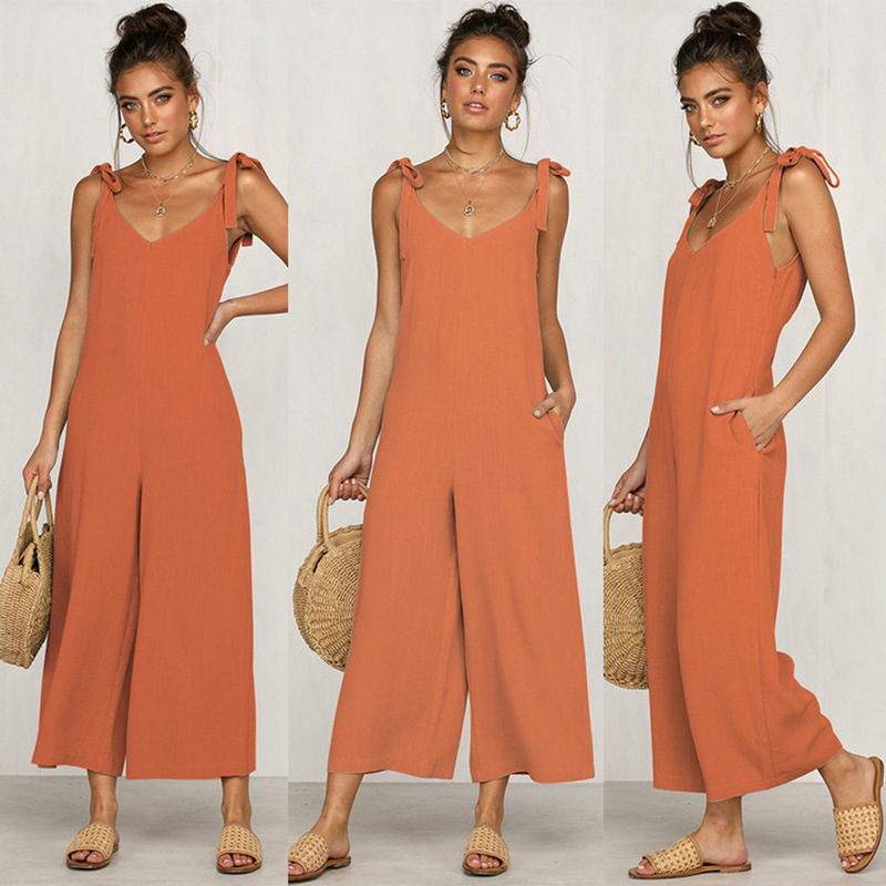 Cross-border source Amazon WISH European and American women's summer cropped pants bow strap jumpsuit women