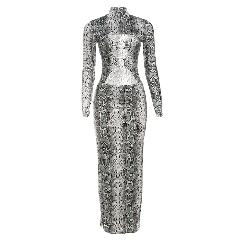 High Neck Long Sleeve Bodycon Dress Fashionable Snake Print Metallic Button Details Autumn Winter Style Wholesale