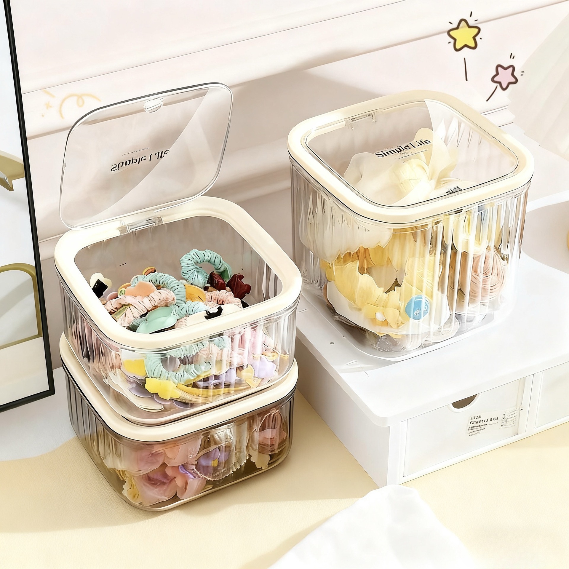 Desktop Trash Can with a Stylish Design, Press-Type Hair Accessory Organizer, Desktop Storage Box for Cosmetics and Skincare Sample Organizer