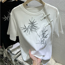 中国风盘扣竹叶重工刺绣短袖T恤女24夏季新款设计感中式圆领上衣