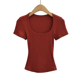 跨境2025夏季新款 欧美风辣妹纯欲性感大方领短袖弹力修身打底T恤