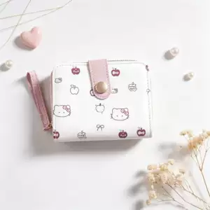 Korean-style short hand-held wallet for girls, cartoon print with wrist strap, multifunctional card and coin holder