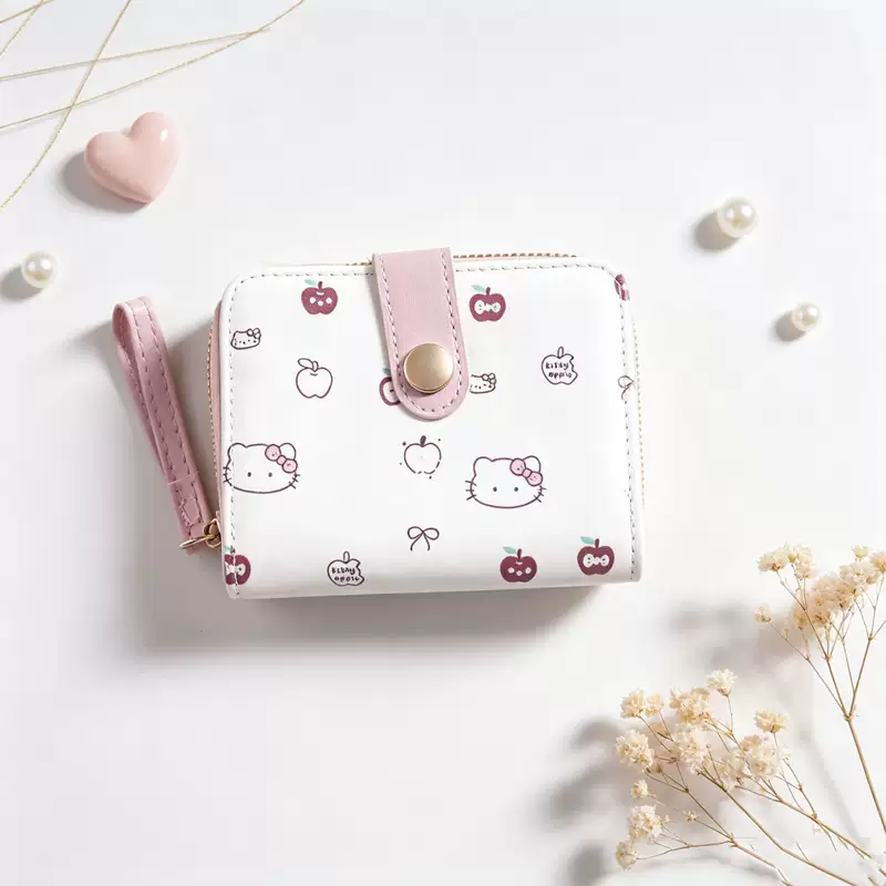 Korean-style short hand-held wallet for girls, cartoon print with wrist strap, multifunctional card and coin holder