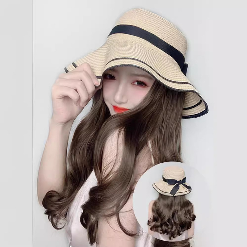 Fisherman Hat Wig Hat All-in-One Fashion Women's Summer Korean Style Fashionable Straw Hat Long Curly Hair Fashionable Small Fresh Fisherman Hat Wig Hat All-in-One Fashion Women's Summer Korean Style Fashionable Straw Hat Long Curly Hair Fashionable Small Fresh