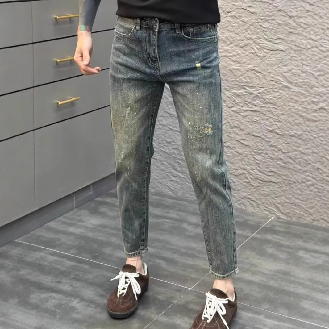 Men's High-End Distressed Vintage Slim Fit Skinny Jeans with Rhinestones, Elastic, Spring/Summer 2025 New Style, Personalized Casual Pants