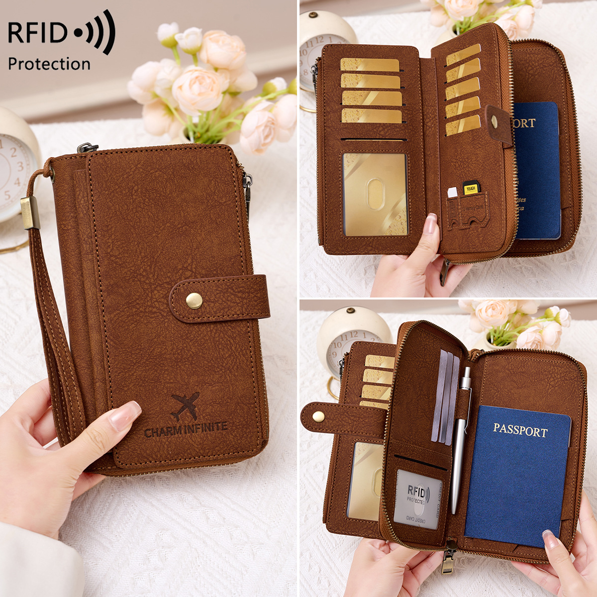 New cross-border RFID anti-magnetic passport holder, double zipper long passport wallet, large capacity travel document storage bag