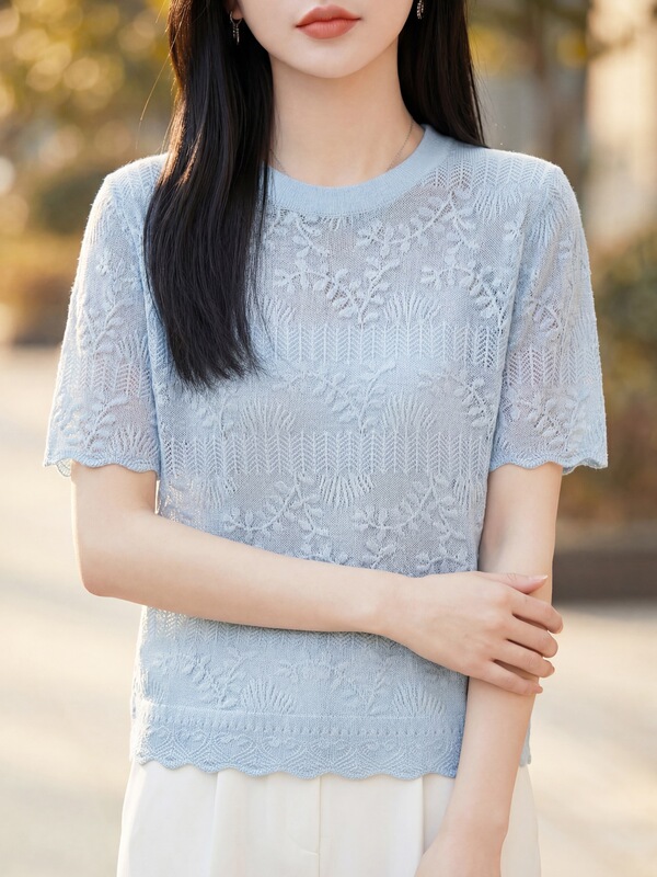 French Romance~Summer Mulberry Silk Wool Knit Short-Sleeve Women's Round-Neck Delicate Hollow Jacquard Half-Sleeve Top Thin French Romance~Summer Mulberry Silk Wool Knit Short-Sleeve Women's Round-Neck Delicate Hollow Jacquard Half-Sleeve Top Thin