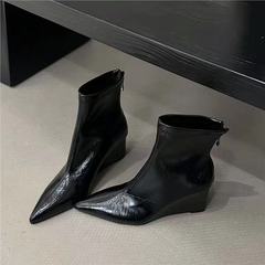 2025高级质感美拉德棕色尖头坡跟短靴女气质显瘦高跟马丁靴后拉链