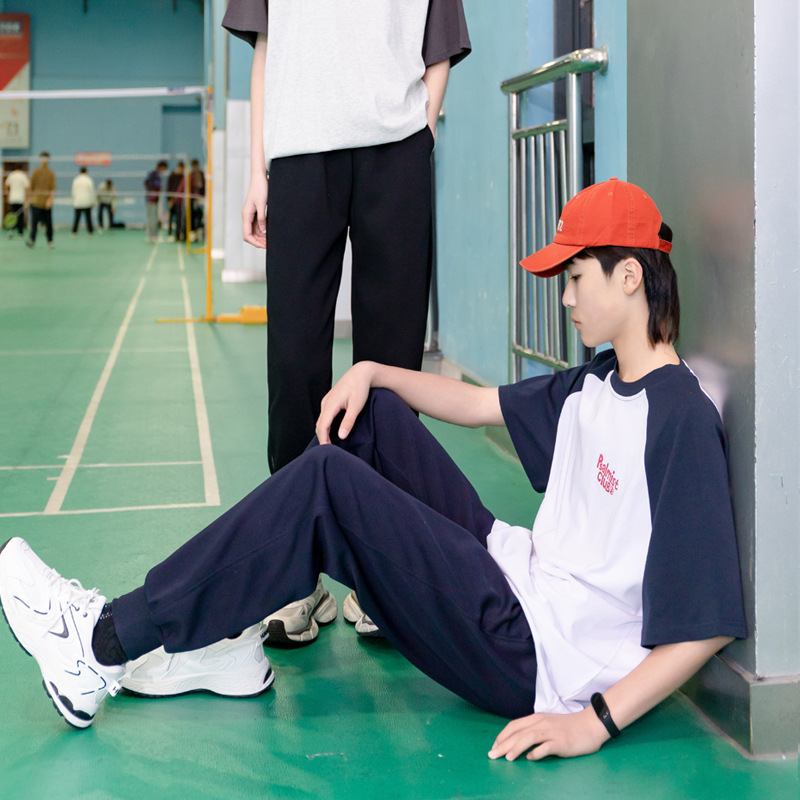 (2개) 새로운 스레드 다리 그물 판 학교 바지 소년 소녀 니트 바지 학생 스포츠 바지 캐주얼 느슨한 바지