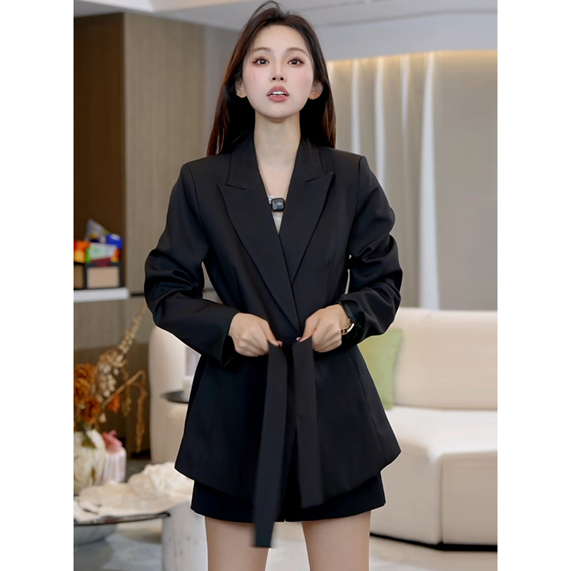2026 New Cross-Border Black Blazer for Women with Tie Waist, Slimming Effect, Elegant and Luxurious Feel 2026 New Cross-Border Black Blazer for Women with Tie Waist, Slimming Effect, Elegant and Luxurious Feel