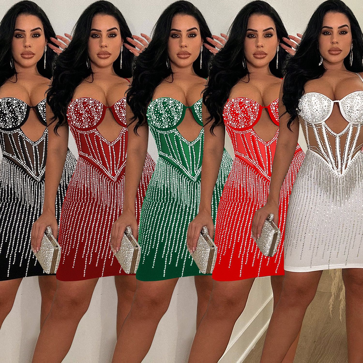 C6753 transfronteriza AliExpress Amazon europeo y americano de las mujeres de moda de color sólido malla rhinestone Correa falda vestido image 1