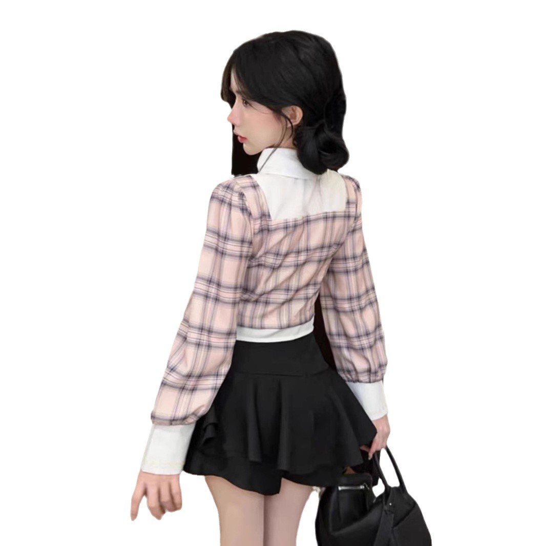 대학 스타일 달콤한 향신료 소녀 나이 감소 가짜 2 조각 격자 무늬 작은 대비 셔츠 블랙 투투 스커트 JK 세트 트렌디