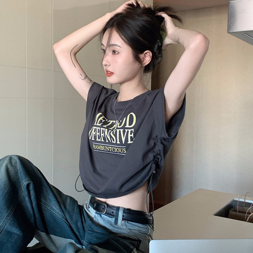 Women's Summer Short Sleeve T-Shirt with Ins Cute Girl Print, Drawstring, Loose Fit, Crop Top, Sexy, Short Length, Wholesale