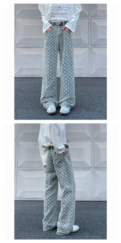 Men's Blue Jacquard Pattern Straight Jeans Flared High Street_voghion.com
