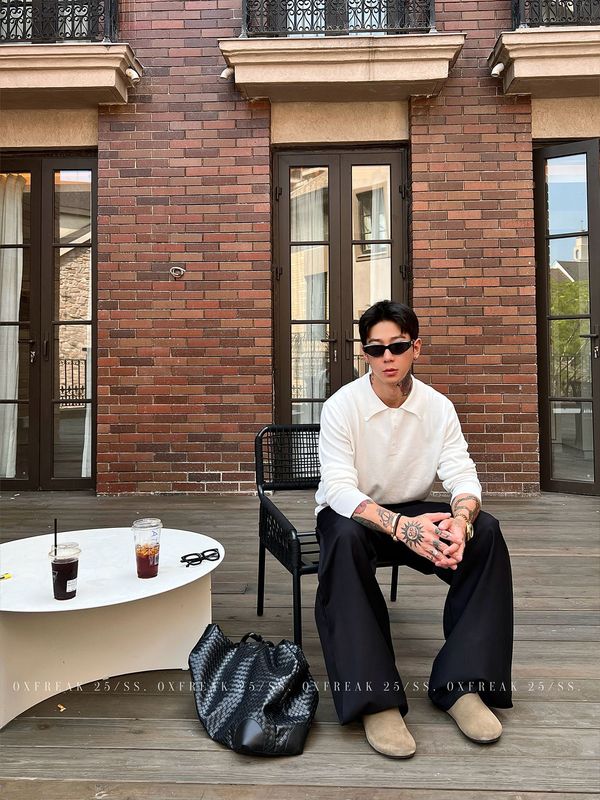 韩系高级感纽扣领正肩polo领长袖针织衫毛衣男老钱风休闲百搭上衣|undefined