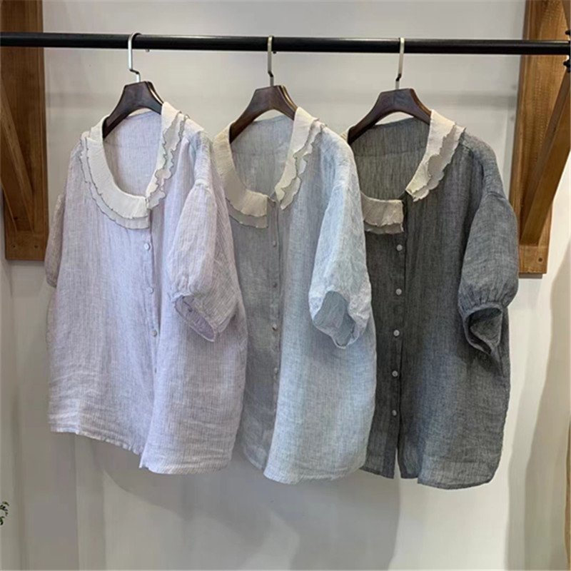 Japanese Style Double Lace Round Neck Linen Shirt Women's Summer New Sweet Age-reducing Artistic All-match Top for Women