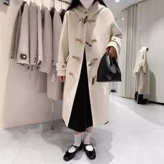 ホーンボタンフード付き両面カシミヤウールコート女性のための 2025 秋と冬の新しいミドル丈の小さなウールコート