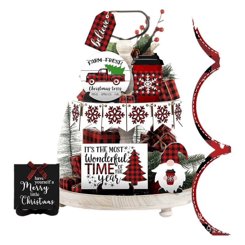Рождественский многослойный декор подноса, деревянная вывеска, стол, клетчатая клетка, гном, рабочий стол, фермерский дом, деревенский рисунок