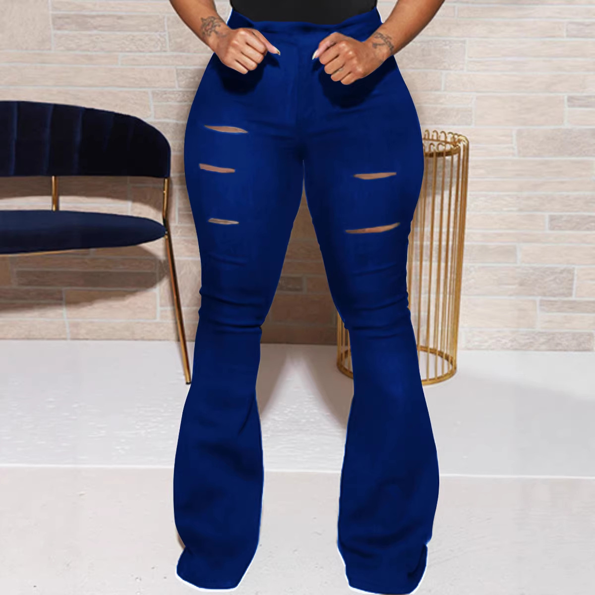28008-2 popular ropa de las mujeres europeas y americanas clásicas de alta cintura corte flor arrancó pantalones micro pantalones las mujeres ventas directas de la fábrica