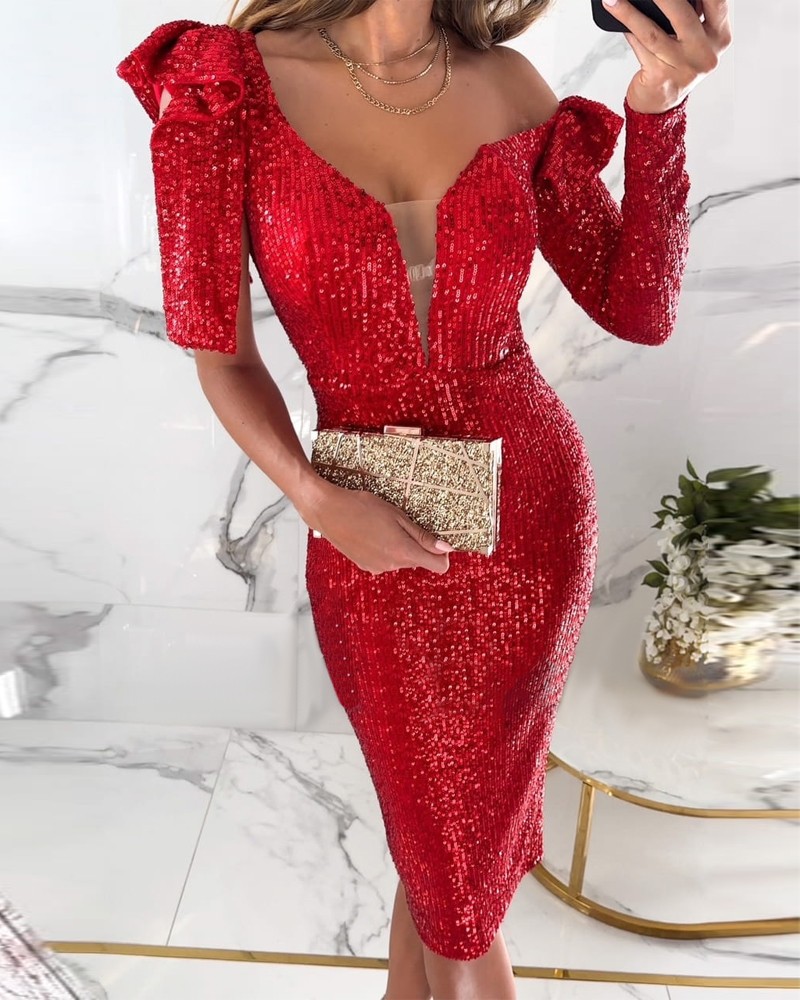 Abito da sera sexy con paillettes scollo a v e maniche lunghe_voghion.com