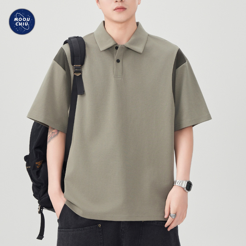 Muqiu Men's Wear ∠ American Retro Polo Shirt Short-sleeved Men's Summer Loose plus size Contrast Color Stitching T-shirt Top