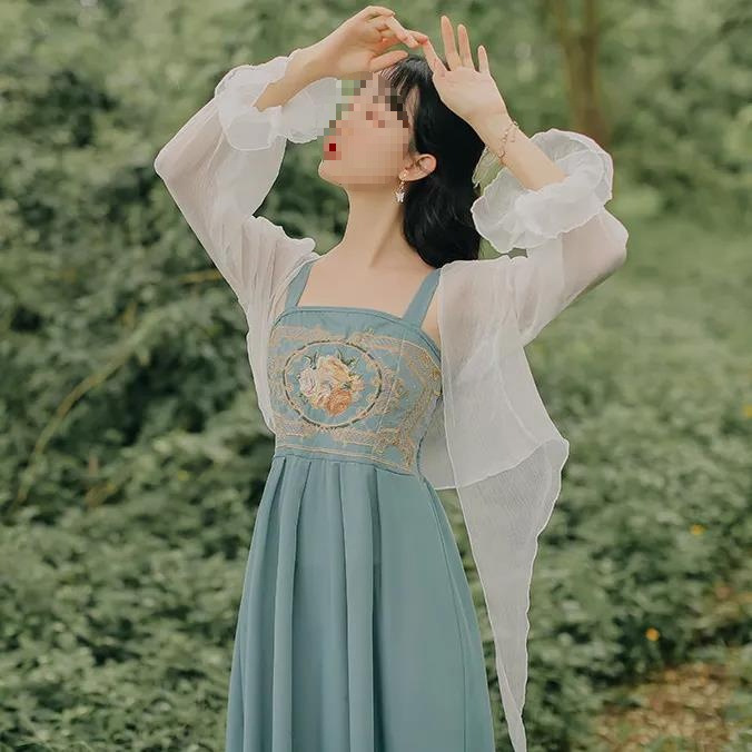 Pleated Suspender Mid-Length Skirt, Improved Version of Hanfu Embroidered Dress for Women, Summer + Sun Protection Shirt Two-Piece Set, Cross-Border Wholesale